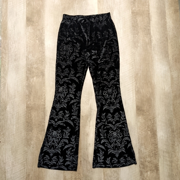 Black Velvet Flared Pants Floral Print - Picture 1 of 7